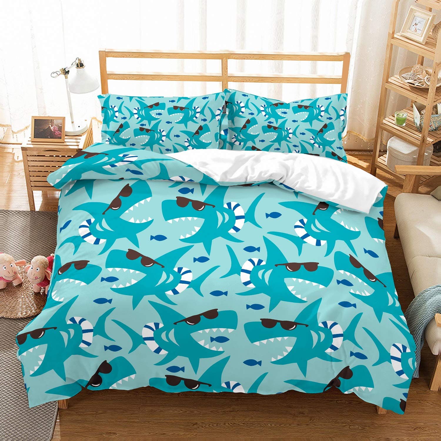 Kids Bedding Apjjq Shark Duvet Cover Set Full Queen 3d Digital Printed Black White Angry Shark Big Mouth Black Bedding Set For Kids Boys Girls And Children 3 Piece With 2 Pillow Sham No Comforter Duvet Covers Kids Bedding