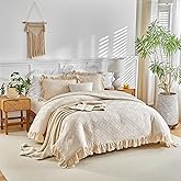 Flysheep Tufted Ruffle Duvet Cover Set Queen Size, 3 Pieces Vintage Farmhouse Shabby Chic Ruffled Duvet Cover with Zipper Closure, Luxury Jacquard Boho Bohemian Bedding Set (Beige, Queen)