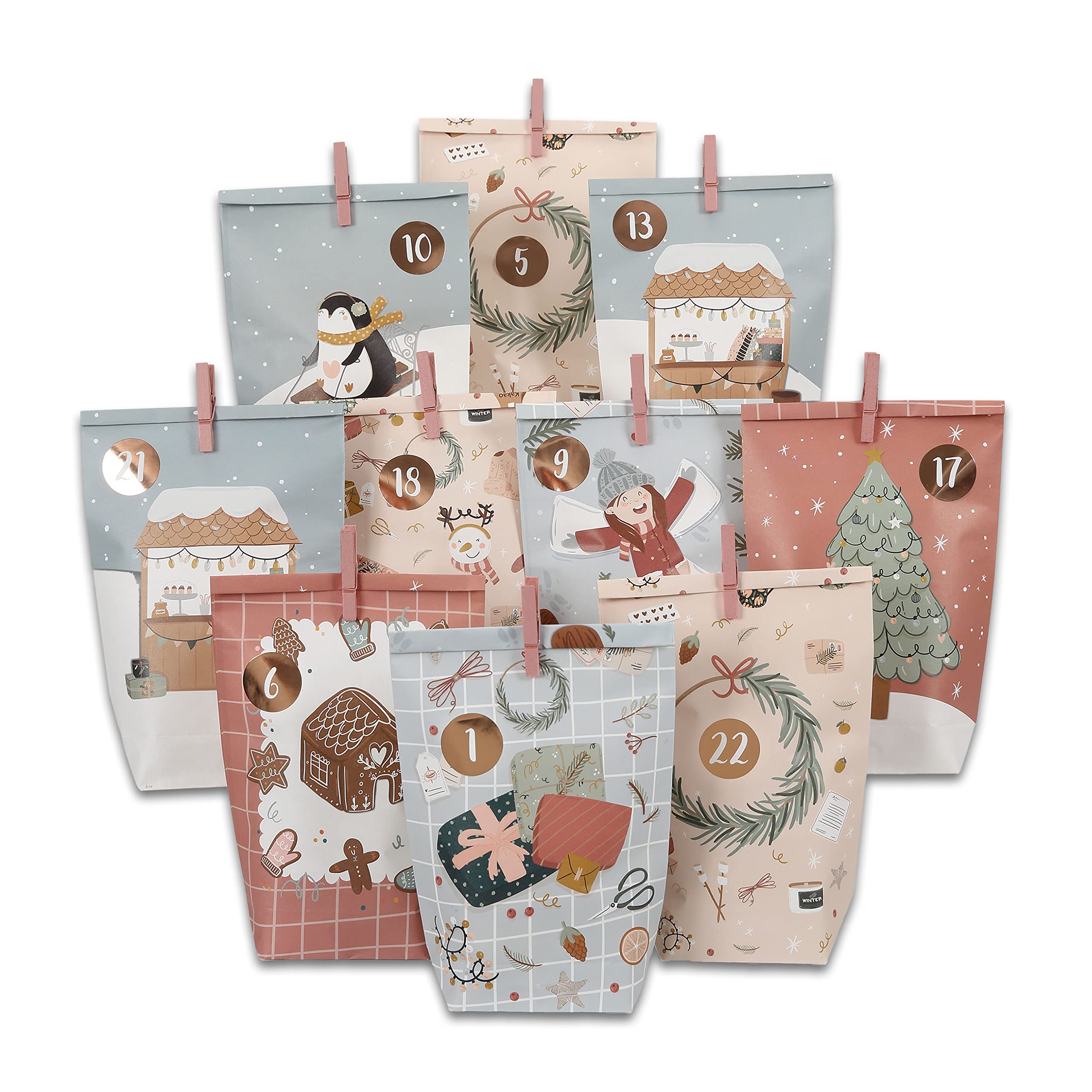 Papierdrachen Advent Calendar for Filling – 24 Ice Blue and Pink Printed Gift Bags and 24 Number Stickers and Clips – Ice Blue Motif – for Crafts and Giving – Christmas (400-009-019)