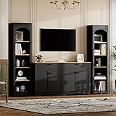 Merax Modern 3 Piece TV Stand with 2 Bookshelves for TVs up to 70'', Mid-Century Solid Wood Entertainment Center with Storage Cabinets, Practical Media Console for Living Room, Bedroom, Black