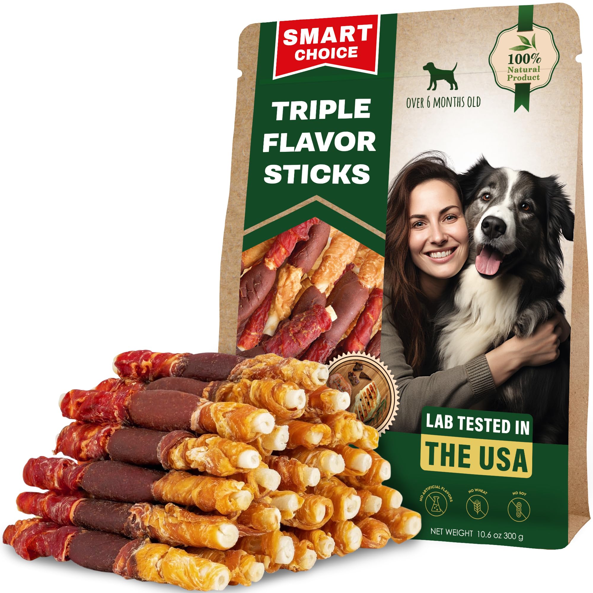 Dog Treats Rawhide Twists Sticks Wrapped with Chicken & Pet Natural Chew Treats - Grain Free Meat & Human Grade Dried Snacks in Bulk for Small & Large Dogs (300 g (Pack of 1), Triple Rawhide)