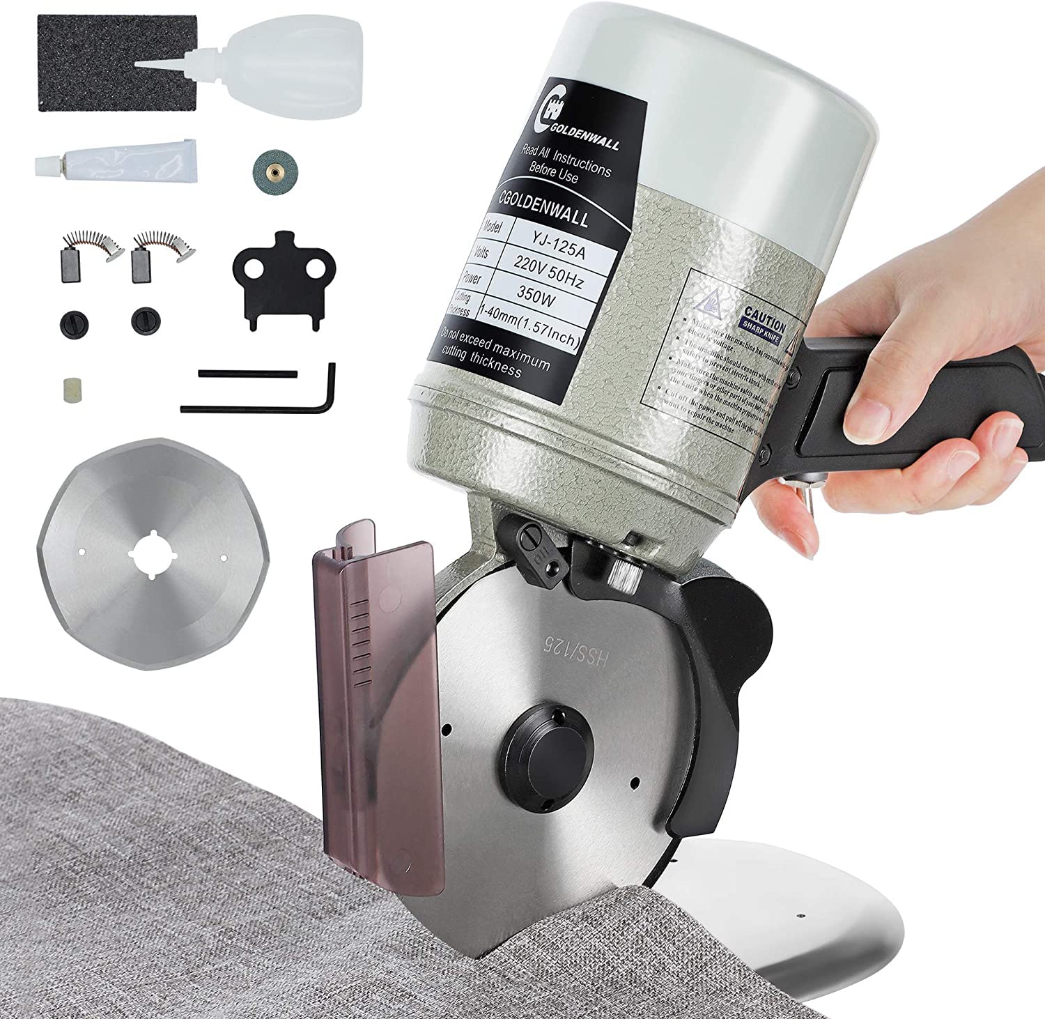 CGOLDENWALL Electric Rotary Fabric Cutter YJ-125A Cloth Cutting Machine with 40mm Max Cutting Thickness/ Φ125mm Blade& Spare Blade/Automatic Sharpening Function Ideal for Textile/Leather Cutting CE