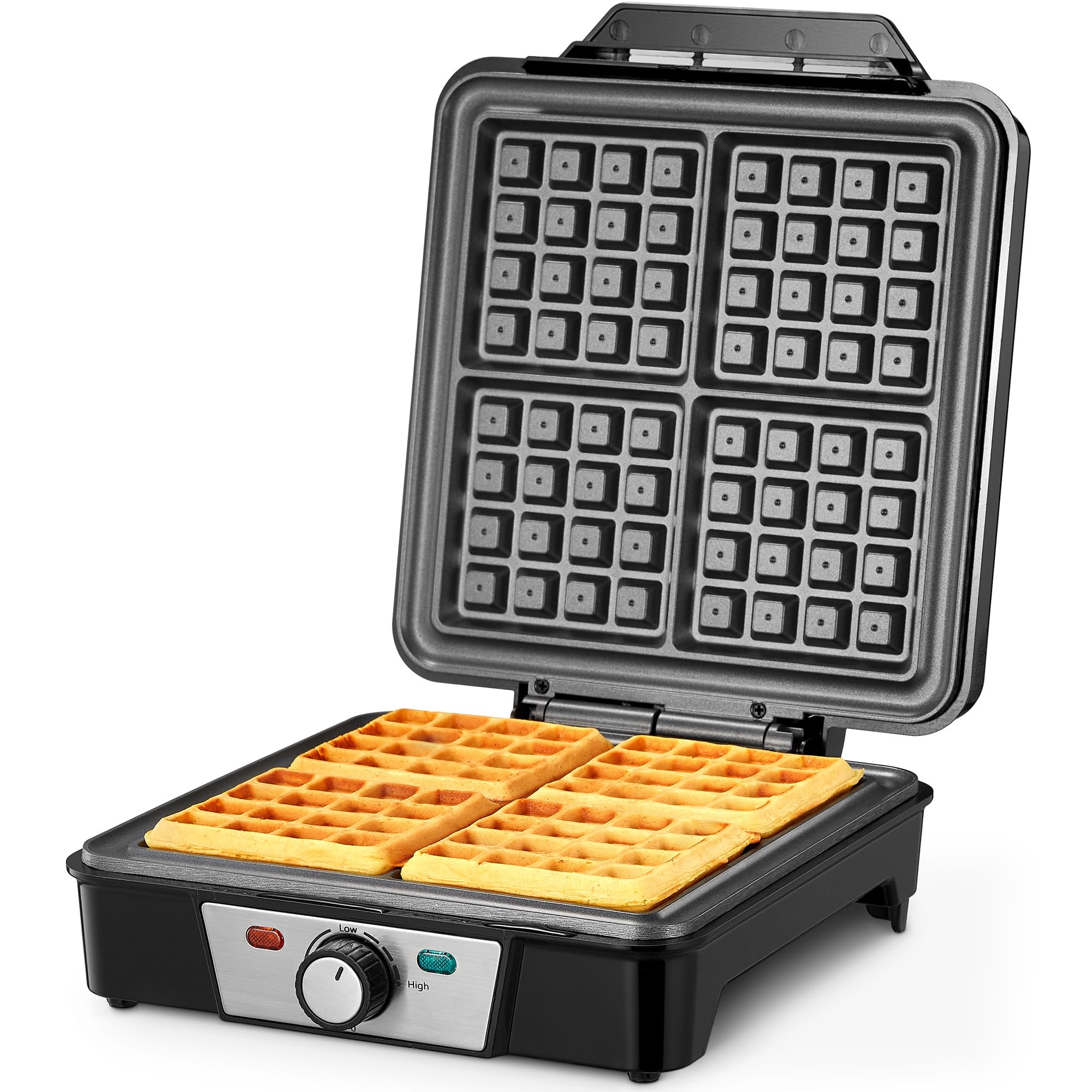 Photo 1 of Belgian Waffle Maker 4 Slices, 1200W Waffle Iron, Anti-Overflow Waffle Iron with Browning Knob, Nonstick Plates, Indicator Lights, Silver/Black