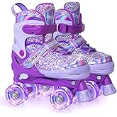 Nattork Kids Roller Skates for Girls Kids, 4 Sizes Adjustable Girls Roller Skates for Ages 3-12 with Light up Wheels & Safety Protection - Cool Birthday Gift for Indoor Outdoor Sports