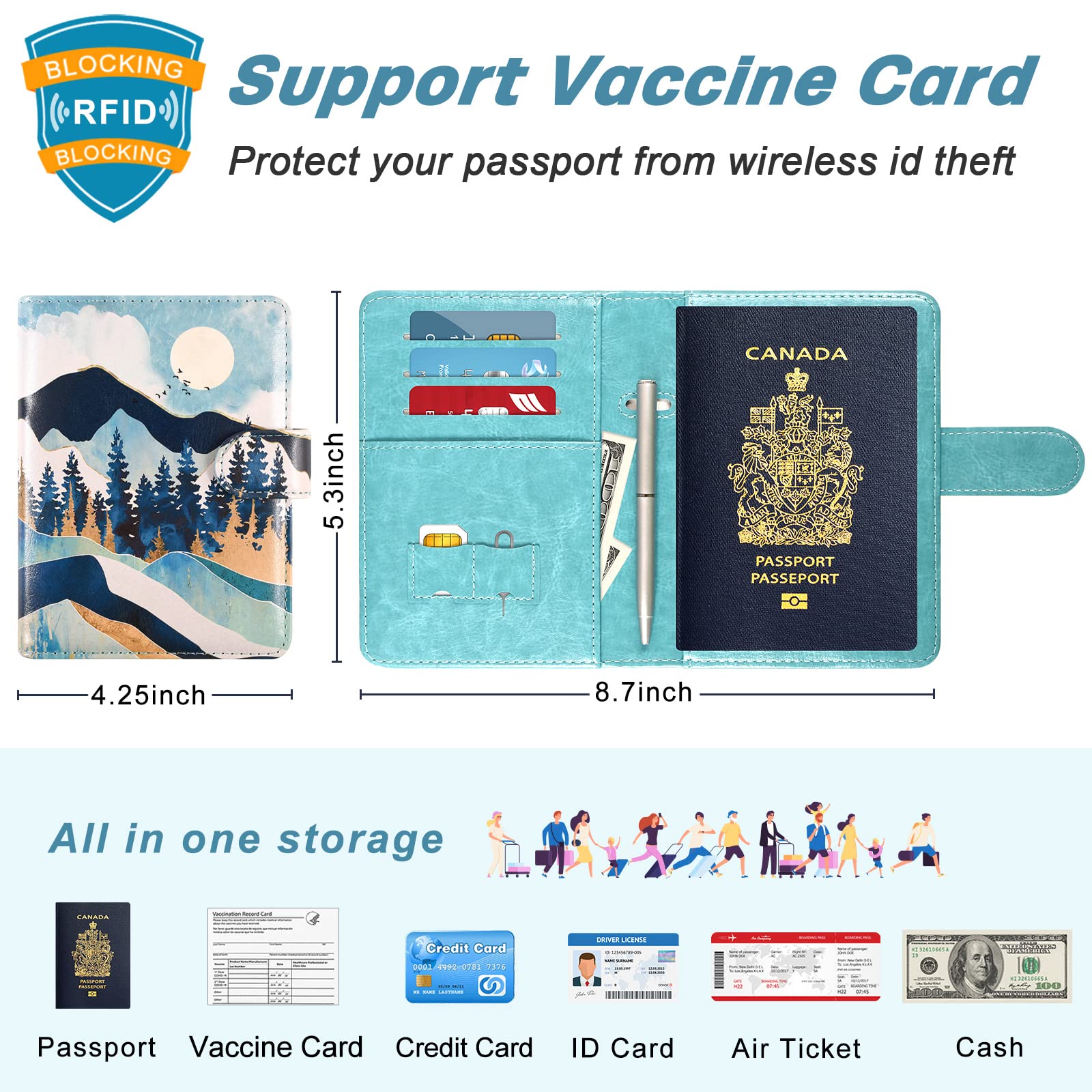 DMLuna Passport Holder Premium PU Leather Travel Passport Wallet RFID Blocking Passport Cover Case Travel Documents Organizer with Pen Holder, for Women and Men - Hill Flower