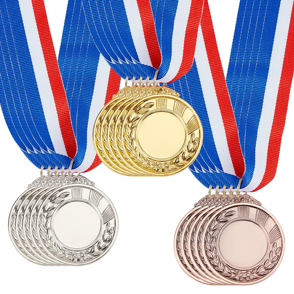 AHANDMAKER 15Pcs Award Medals with Neck Ribbons Gold Silver Bronze Award Medals Medals with Ribbons for Competitions Challenge Cup Pattern Metal Medal, 2 Inches