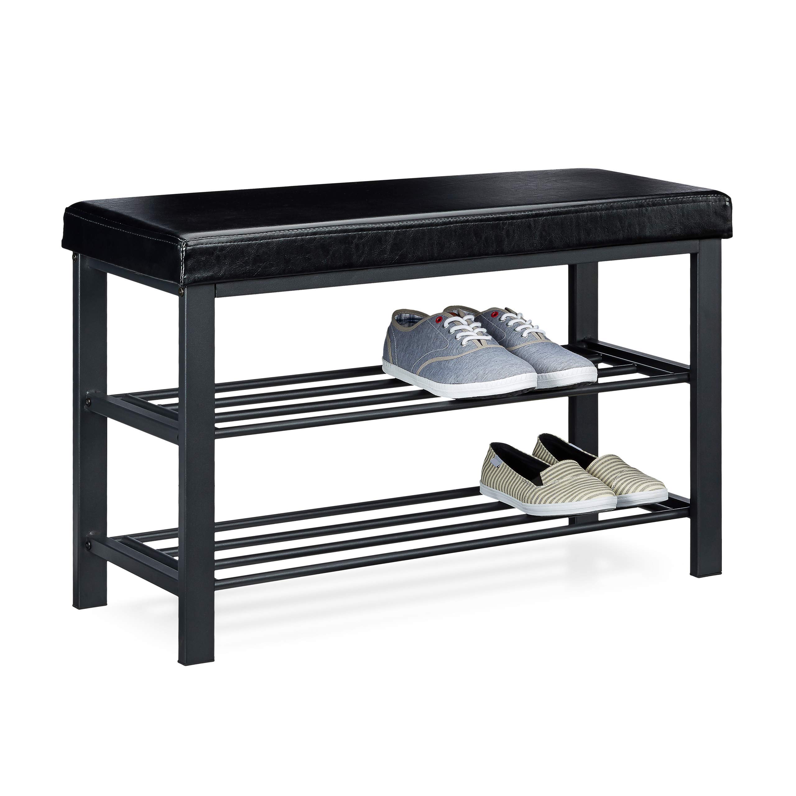 Relaxdays Shoe Bench, 49 x 81 x 32 cm Open Shoe Shelves, Padded Seat w/Faux Leather Cover, for 6-8 Pairs, Backless, Black