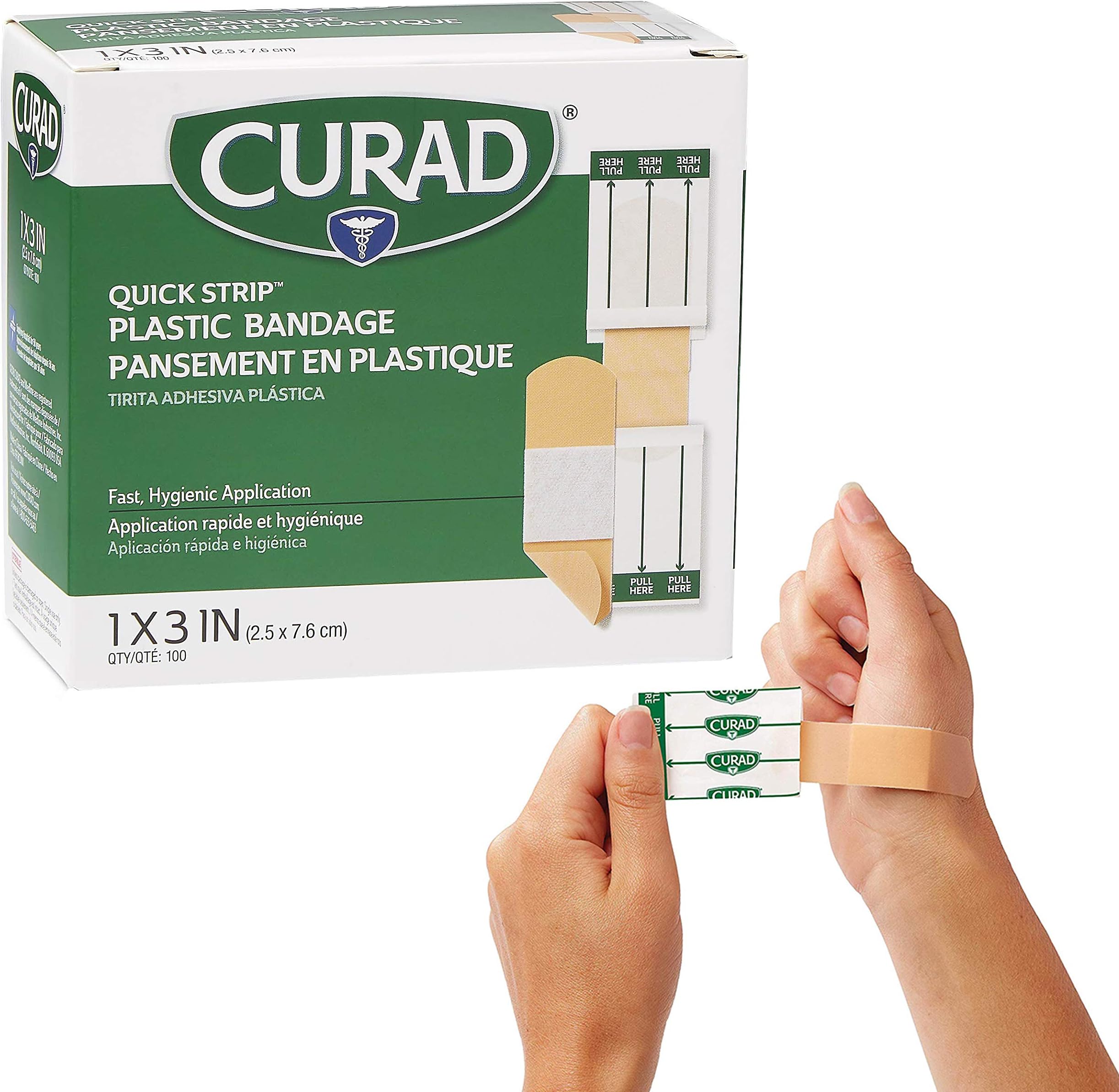 CURAD Quick Strip Plastic Sterile Adhesive Bandages with Fast Application, 1" x 3", Box of 100