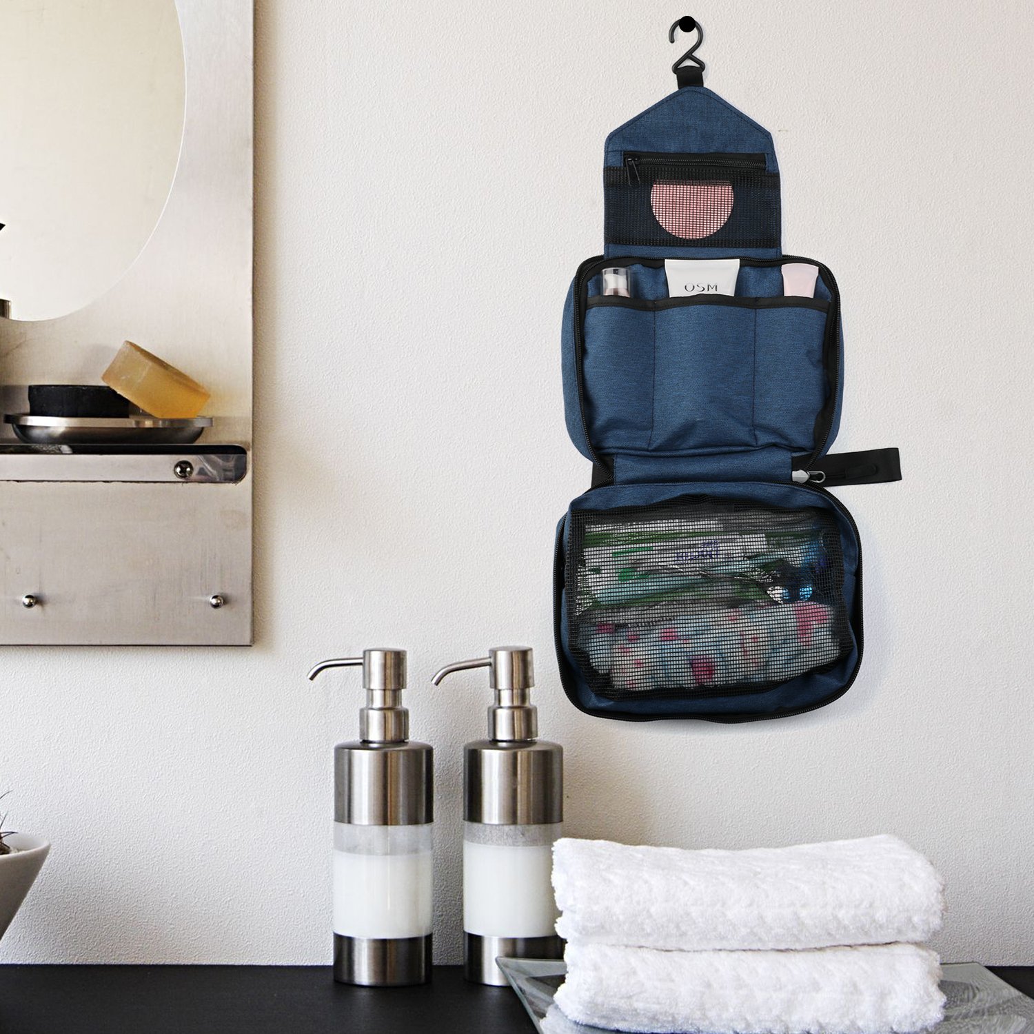 Vivefox Hanging Toiletry Bag Travel Kit Bathroom Bag Cosmetic Makeup Organizer Shaving Kit for Men & Women (3-Layer, Navy blue)