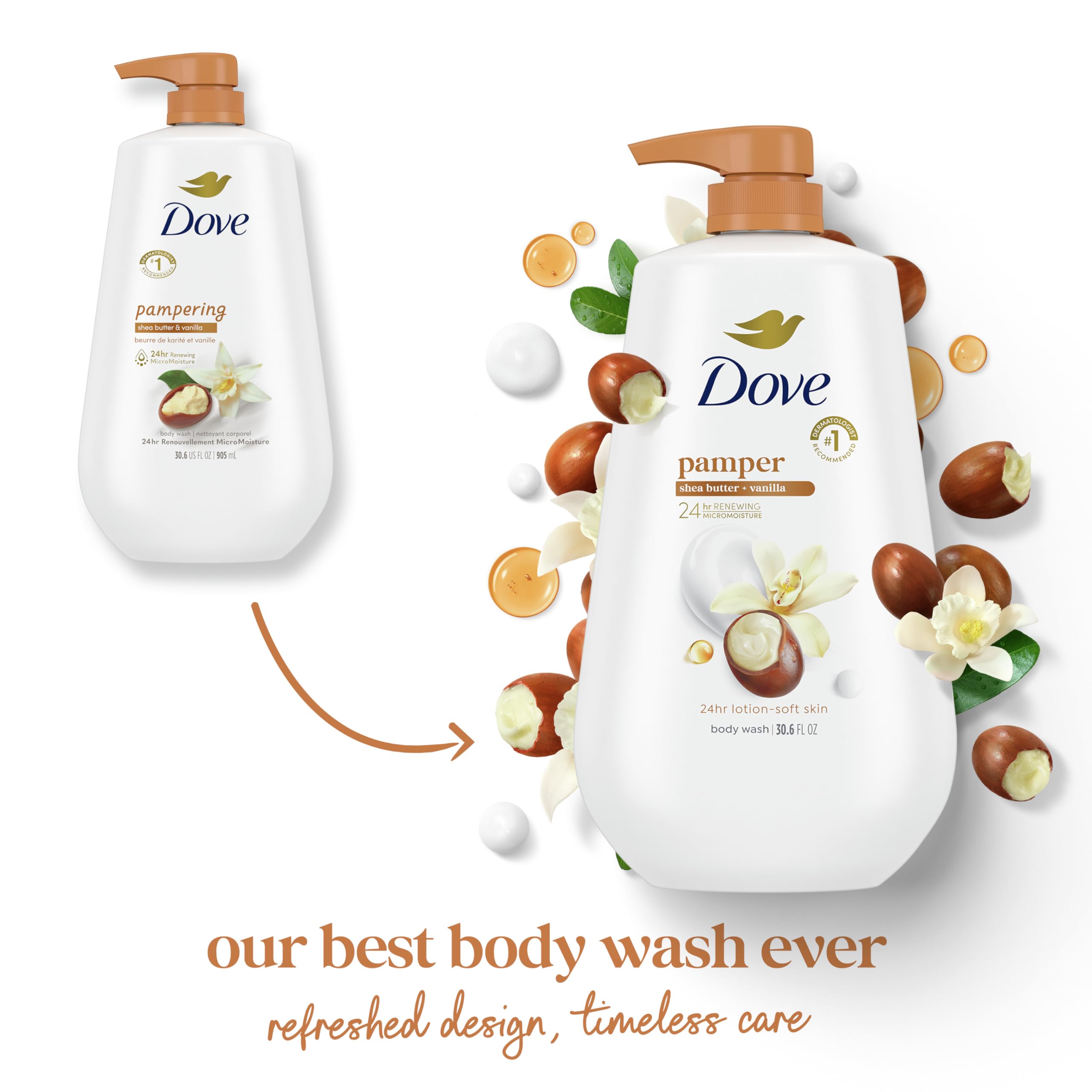Dove Body Wash with Pump Pamper Shea Butter & Vanilla for 24hr Lotion-Soft Skin Moisturizing Skin Cleanser with No Sulfates No Parabens 30.6 oz
