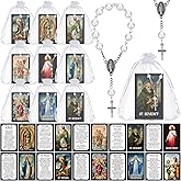 Sayglossy 10 Set Catholic Gifts Set White Religious Catholic Hanging Pendant and Prayer Card Saints Prayer Bead Rosary Beads Bracelet First Communion Baptism Gifts Car Rosary for Rearview Mirror