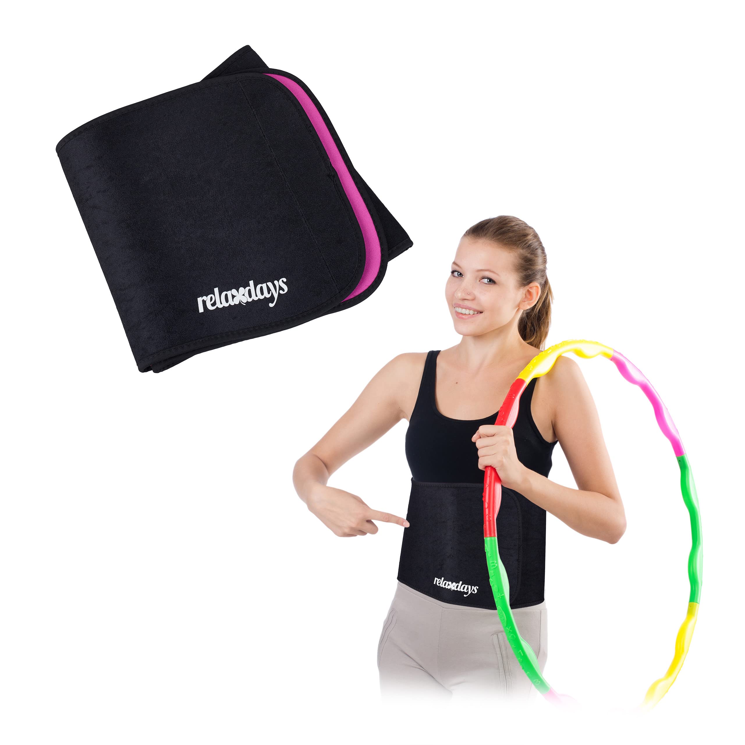 Relaxdays Abdominal Belt Hula Hoop, Neoprene, Fitness, 90 cm, Hook Fastener, Various Sizes, Black/Pink