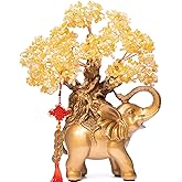 GEMBOURY Citrine Crystal Money Tree on Gold Elephant Statue, 17”Large Gemstone Bonsai Tree of Life Home Décor Gifts for Wealth Positive Energy, Feng Shui Décor