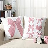 2 Pcs 18x18 in Pink Bow Coquette Pillow Covers Set Embroidered Valentine's Day Decorative Bow Pillow Cases Soft Plush Faux Fur Cushion Covers for Couch Sofa Bedroom Home Decoration(Pink,Classic)