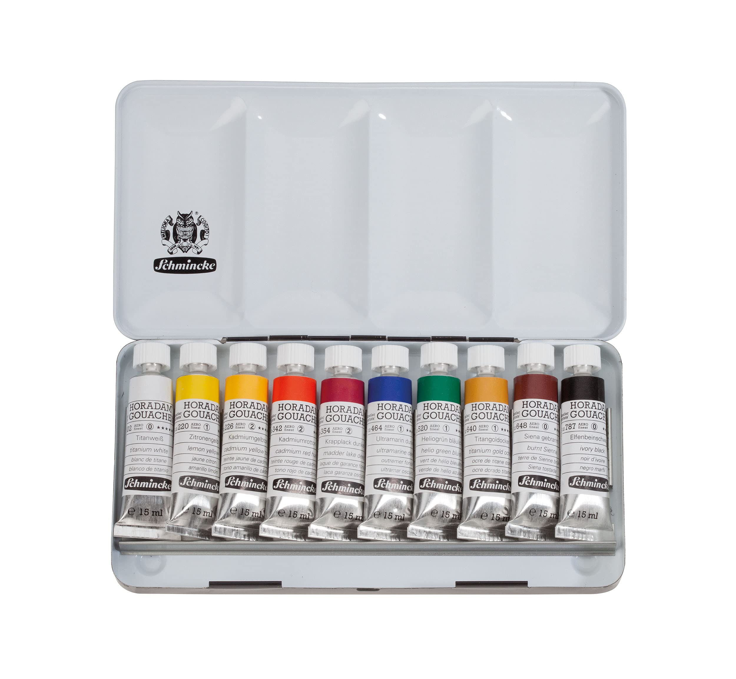 Schmincke - HORADAM® Gouache, 10 x 15 ml tubes, 72 701 097, 10 finest gouache colours in a metal box, highest concentration of pigments, luminosity and colour depth