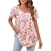 ENMAIN Womens Tunic Tops Short Sleeve Dressy Plus Size Blouse Swing Summer Casual V Neck Loose Top to Wear with Leggings