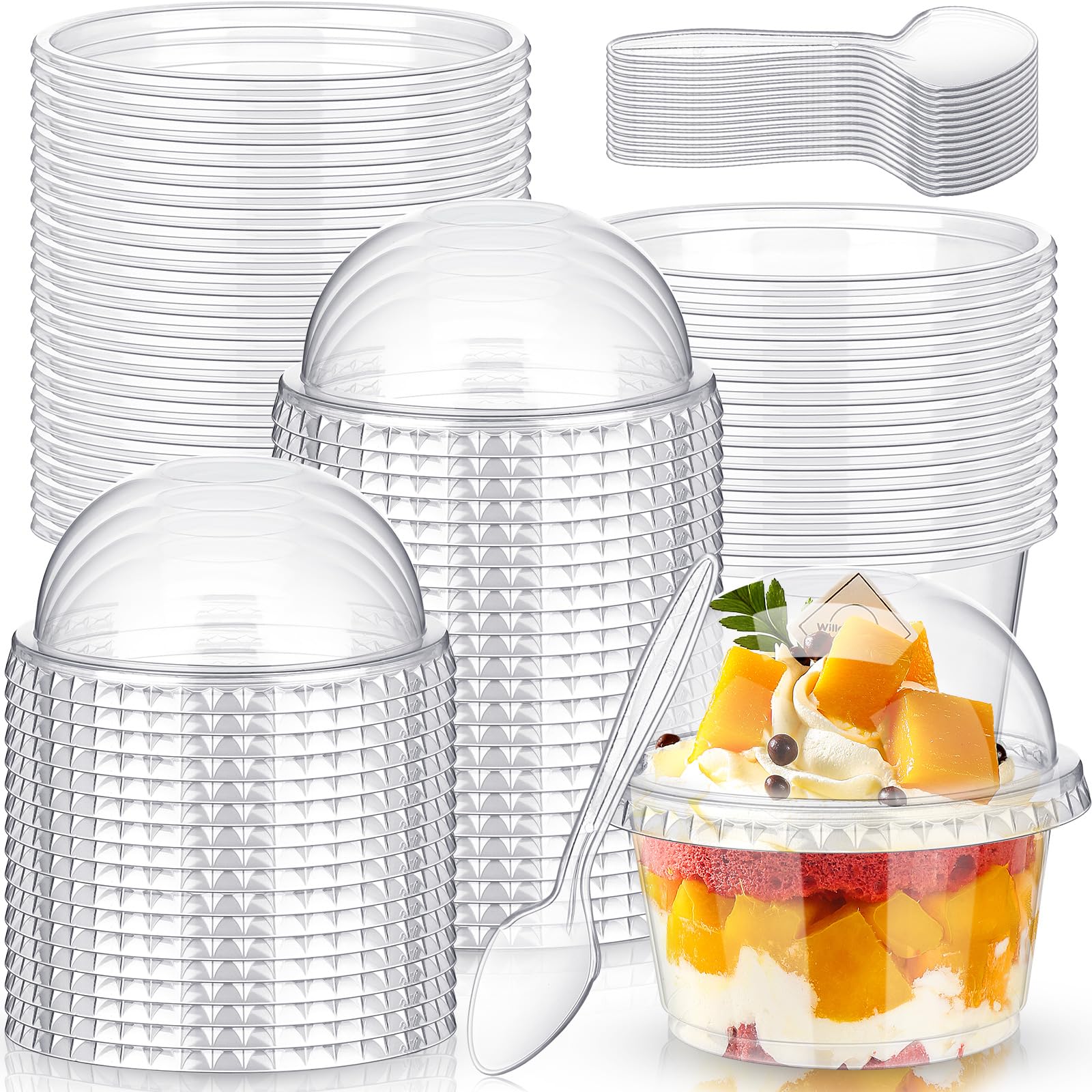 Photo 1 of Layhit 150 Pcs Disposable Clear Plastic Cups with Dome Lids and Spoons Dessert Cups Small Ice Cream Cups Dessert Containers Snack Bowls for Cake Fruit Parfait Food Pudding at Party (8oz)