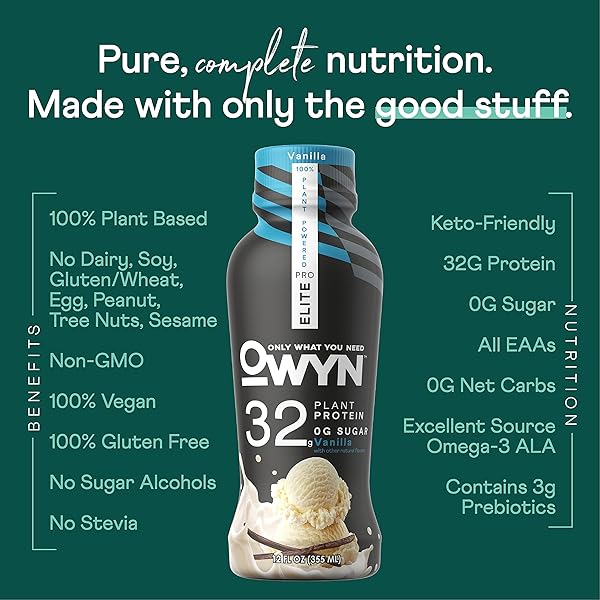 OWYN 100% VEGAN PLANT-BASED PRO ELITE HIGH PROTEIN SHAKES | VANILLA, 12 FL OZ | DAIRY-FREE, GLUTEN-FREE, SOY FREE, KETO FRIENDLY, ZERO SUGAR, VEGETARIAN
