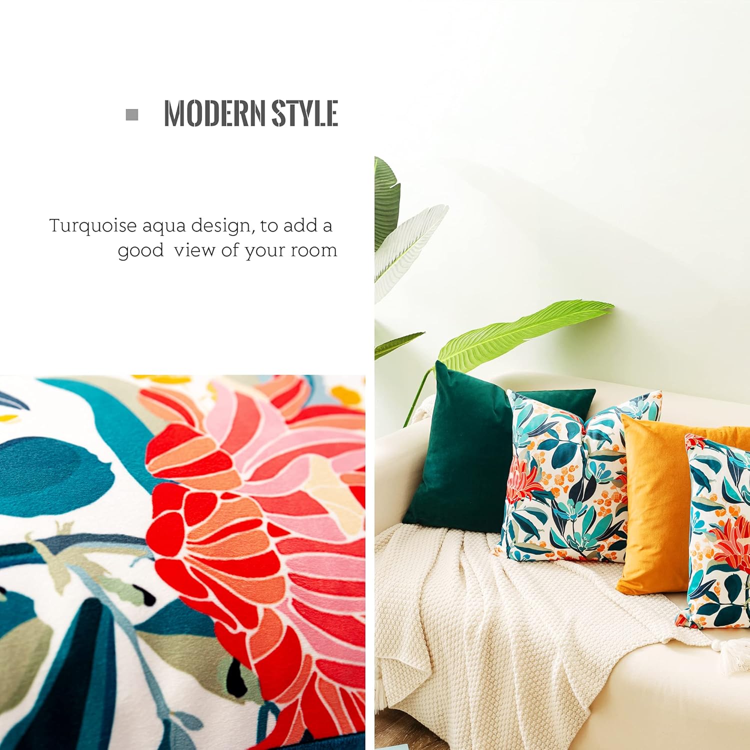 VROOMIUM Throw Pillow Covers-Teal Velvet Pillow Covers Blue 18x18 inch for Couch, Decorative Flowers Pattern Cushion Case for Sofa, Accent Pillow Cover: Home & Kitchen