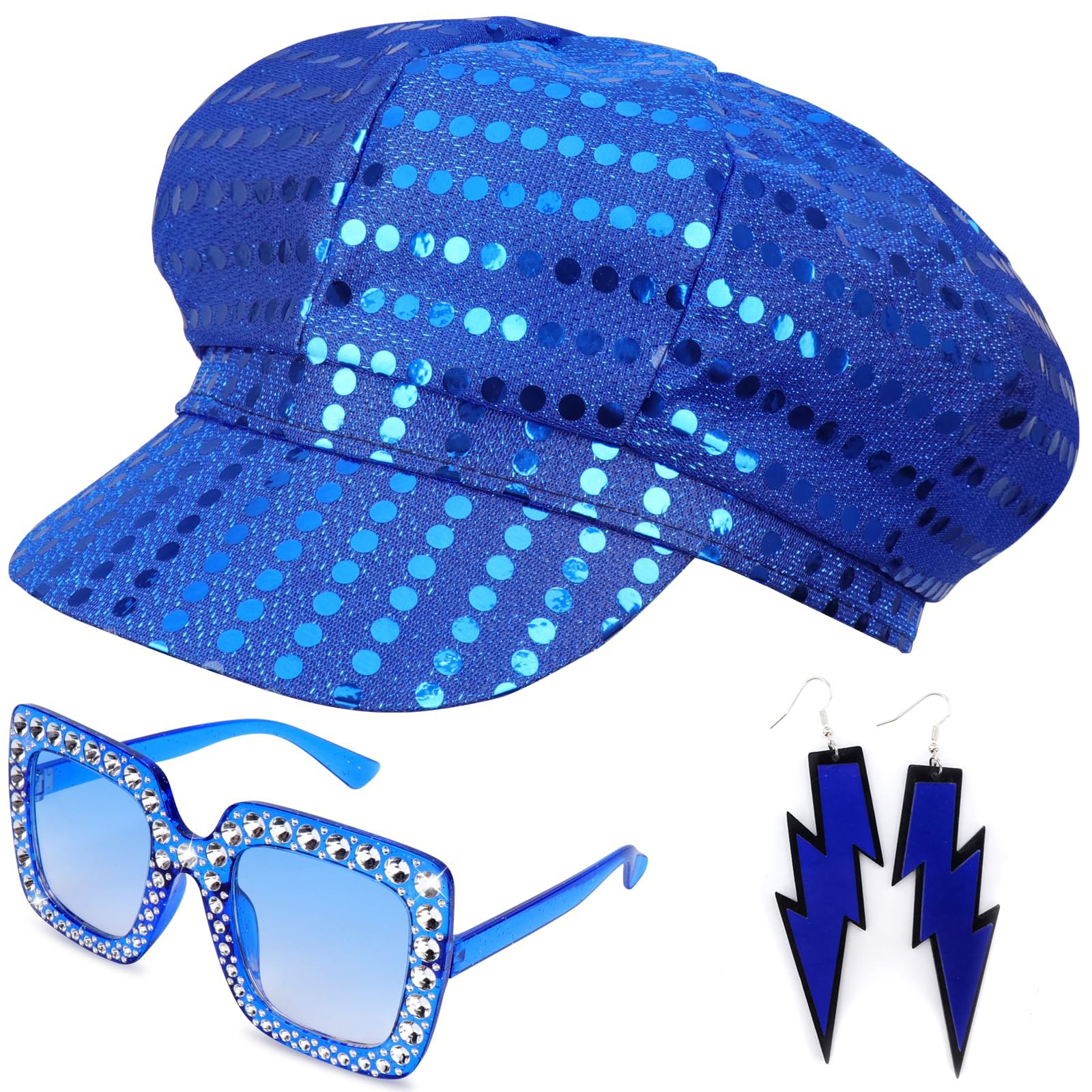 WFKKMEQ Sequin Hat, 3PCS 70s Abba Accessories Set Glitter Hat Abba Cap Fancy Dress Costume Accessories 1970s Disco Fancy Dress Set with Sequins Cap Sunglasses Earrings for Carnival Party Dance(Blau)
