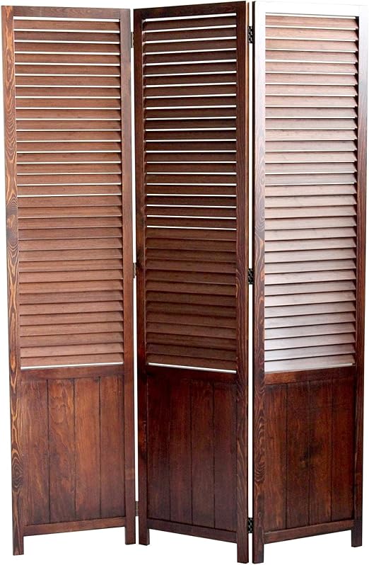 Traditional Foldable Wooden Shutter Screen with 3 Panels Brown Modern Contemporary
