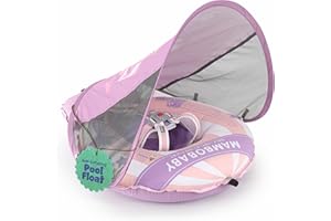 MAMBOBABYFLOAT Light Traveler 2025 — Safe, Comfortable, Adjustable Baby Pool Float with Canopy — Sun Protection, Self-Inflating, 5-Way Buckle System (Hot Air Balloon, Pink)
