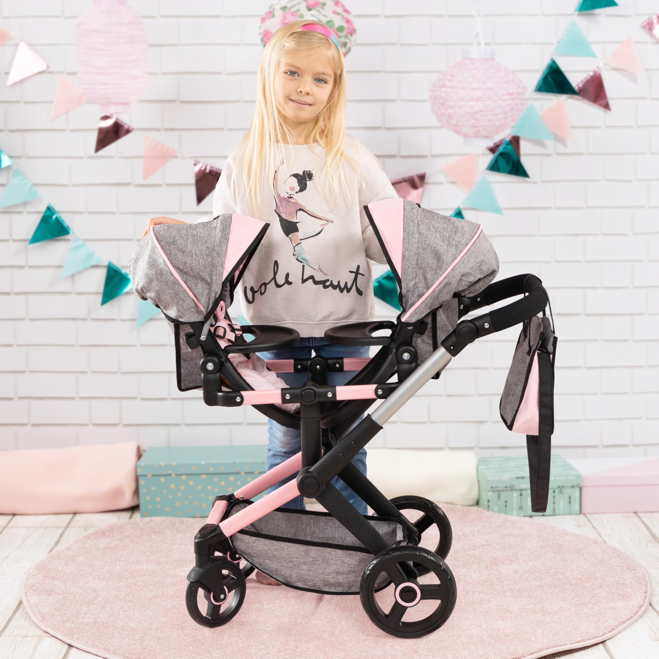 Bayer: Xeo Twin Pram - Butterfly Grey & Pink - Matching Handbag, Adjustable Handle, for Dolls Up to 20