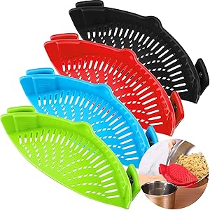 4 Pieces Clip-On Strain Strainer Kitchen Food Strainer Heat Resistant Silicone Colander Spout for Pasta Vegetable Noodles Pot Bowl Pan (Red, Green, Blue, Black)