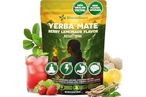 BLOOMBOOST Yerba Mate Instant Tea Powder – Yerba Mate, Ashwagandha, Lion’s Mane, Chlorophyll, Berry Lemonade Flavor – 6.34 oz (18 Servings) – Sugar-Free, Gluten-Free, Superfood Energy & Focus Blend