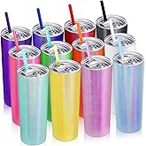 Potchen 12 Packs Glitter Skinny Tumblers with Lids and Straws Bulk, 20 oz Stainless Steel Double Wall Vacuum Insulated Cup Coffee Tumbler Travel Water Mug for Hot Cold Drink, Rainbow Colors