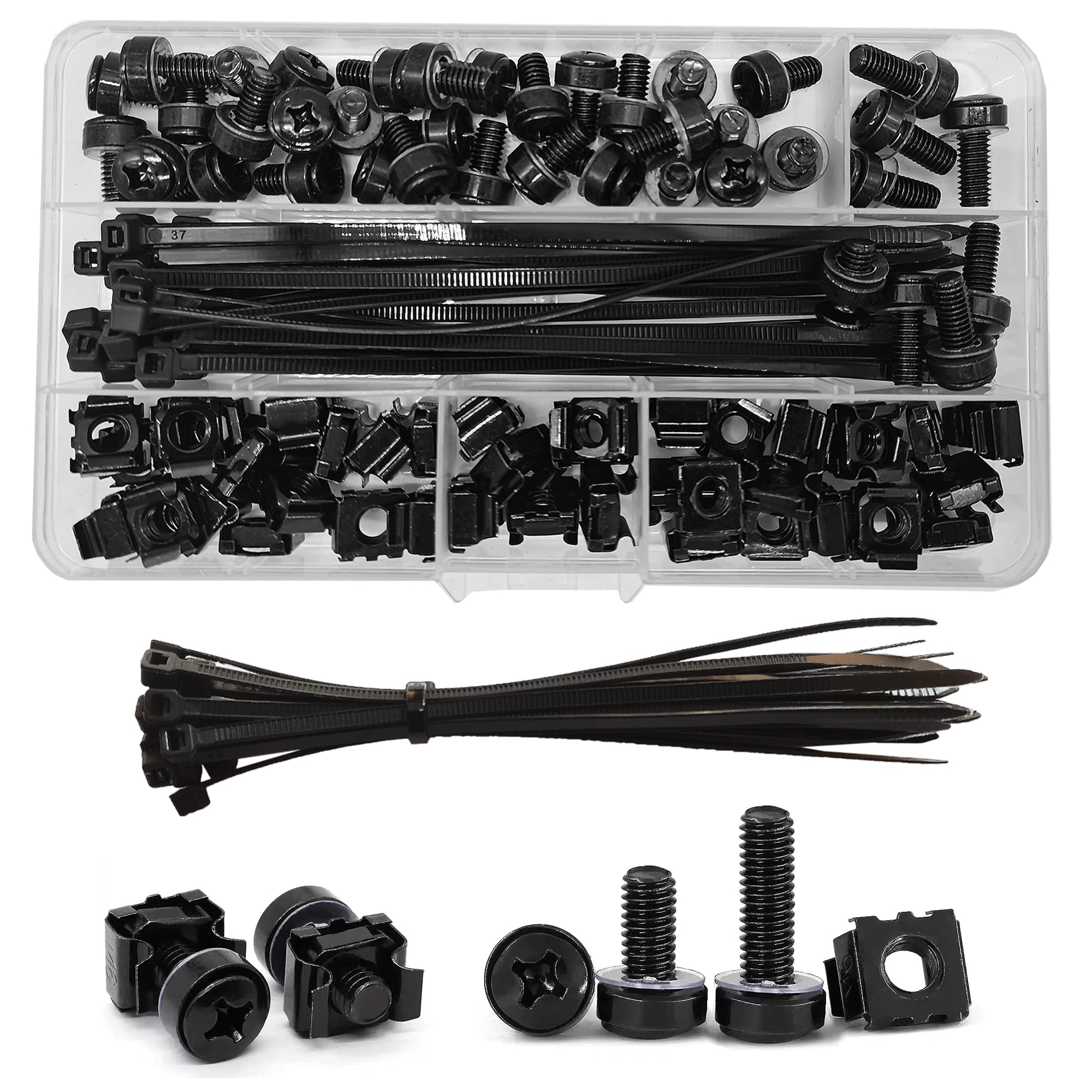 100 Pcs (40 Sets) M6x16/20mm Rack Mount Cage Nuts Screws and Washers Set, Black Assortment Nuts and Bolts Kit for square hole Rack Mount Data Cabinets, Server Shelves Fixing and Installation