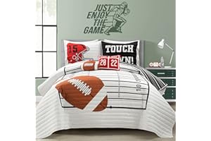 Lush Decor American Football Reversible Quilt Queen Size 5 Piece Set Full/Queen White & Black - Kids Bedding Set Queen Quilt - Football Decor