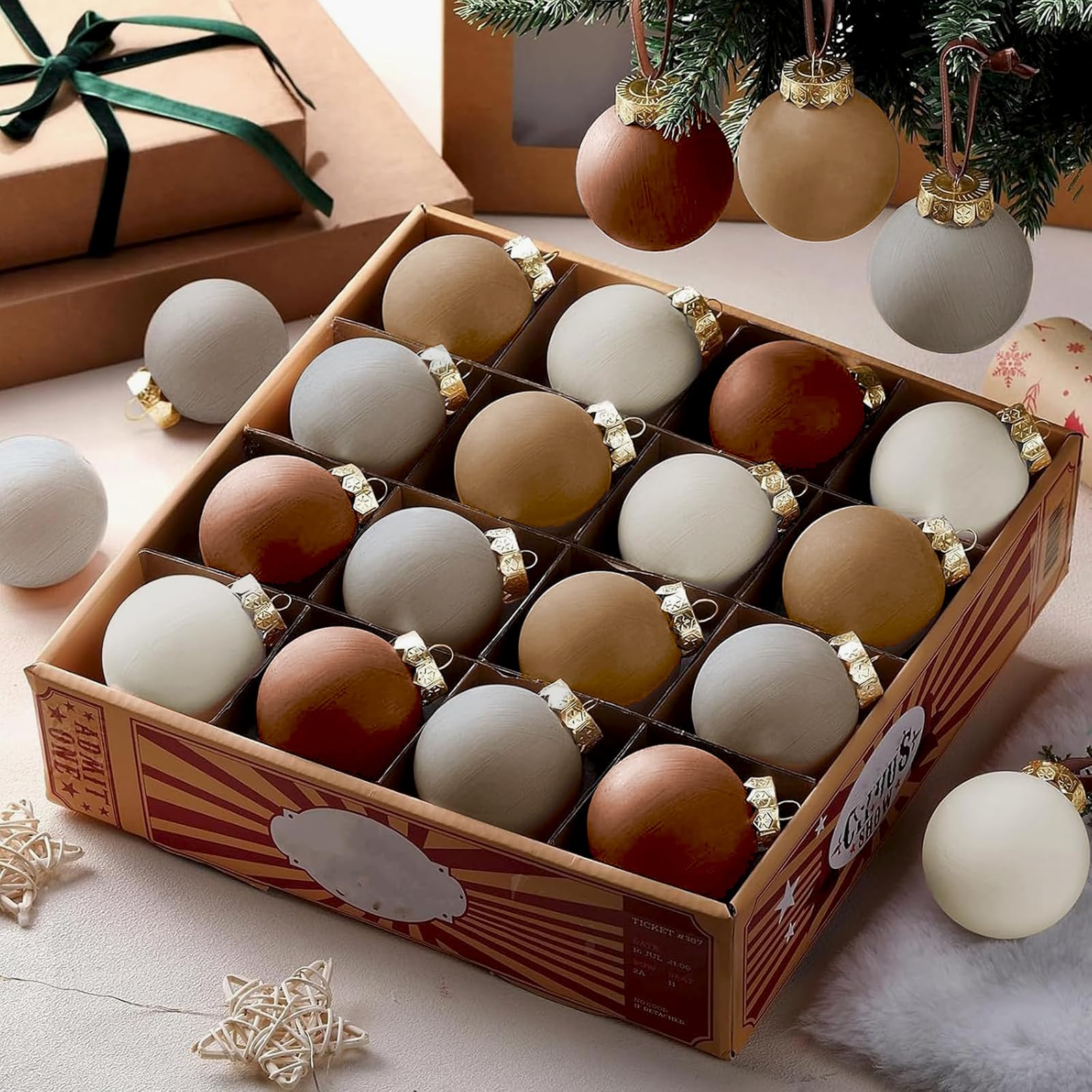 Photo 1 of Hollowfly 24 Pcs Neutral Matte Christmas Ball Ornaments 2.4 Inch Rustic Boho Brown Tan Ivory Beige Xmas Bulbs Ornament Vintage Xmas Baubles Modern Christmas Decor for Tree Farmhouse Holiday Decor
