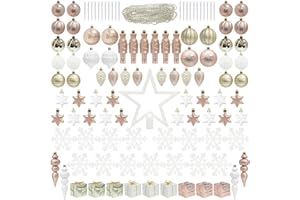 ITART 115pcs Christmas Tree Ornaments Assortment Rose Gold Champagne and White Including Star Tree Topper Christmas Balls Snowflakes Nutcracker Figurines Icicles Bead Garlands for Christmas Tree Decor