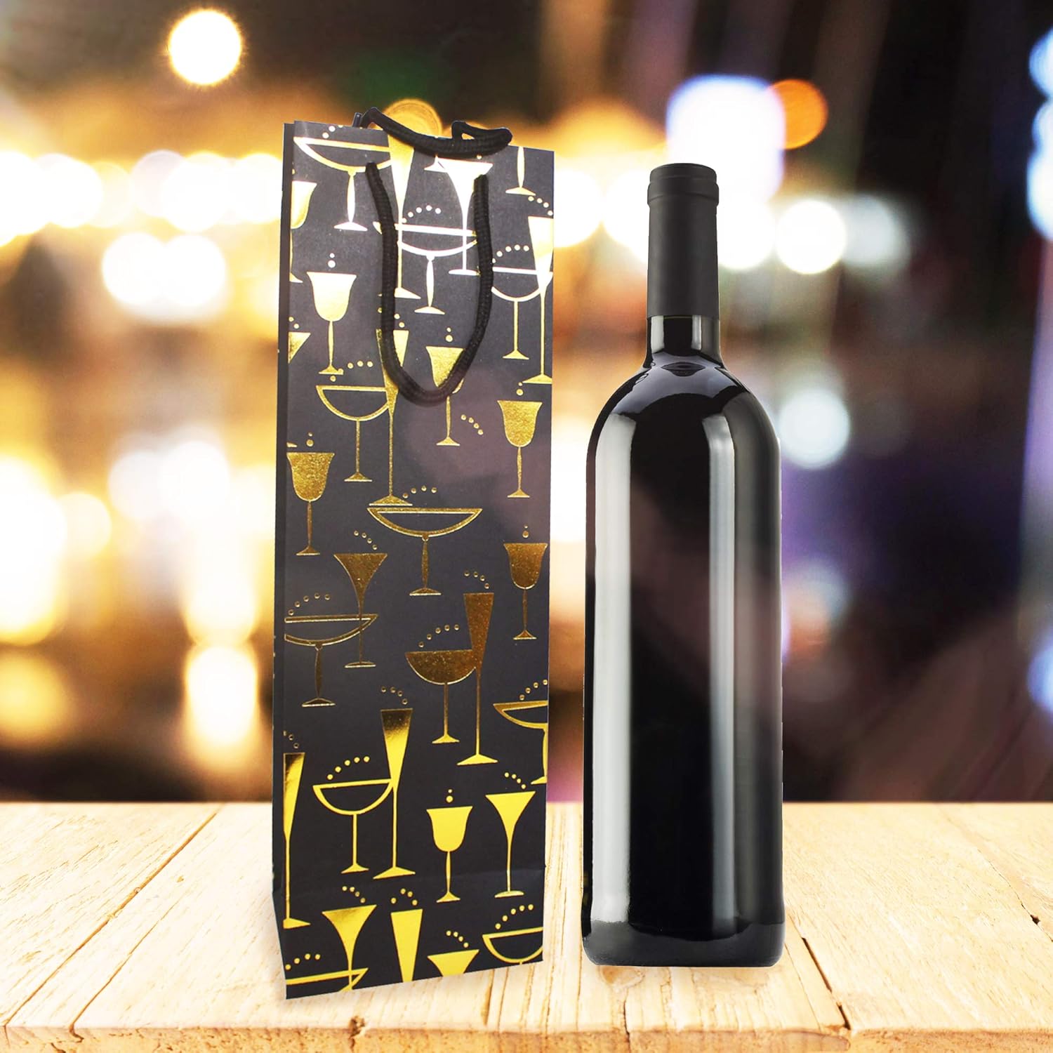 MATANA 15 Premium Wine Gift Bags - 4 Black Designs with Strong Rope Handles and Sturdy Paper - 39cm / 15" - Image 4