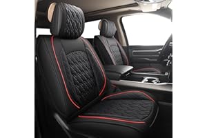 JOJOBAY Car Seat Covers for Dodge Ram Full Set,Fit Ram 2009-2023 1500/2500/3500 Pick-up Truck,Crew,Regular,Quad,Mega Cab,Waterproof Leather Seat Covers Protectors（5 PCS Full Set,Black/Red）