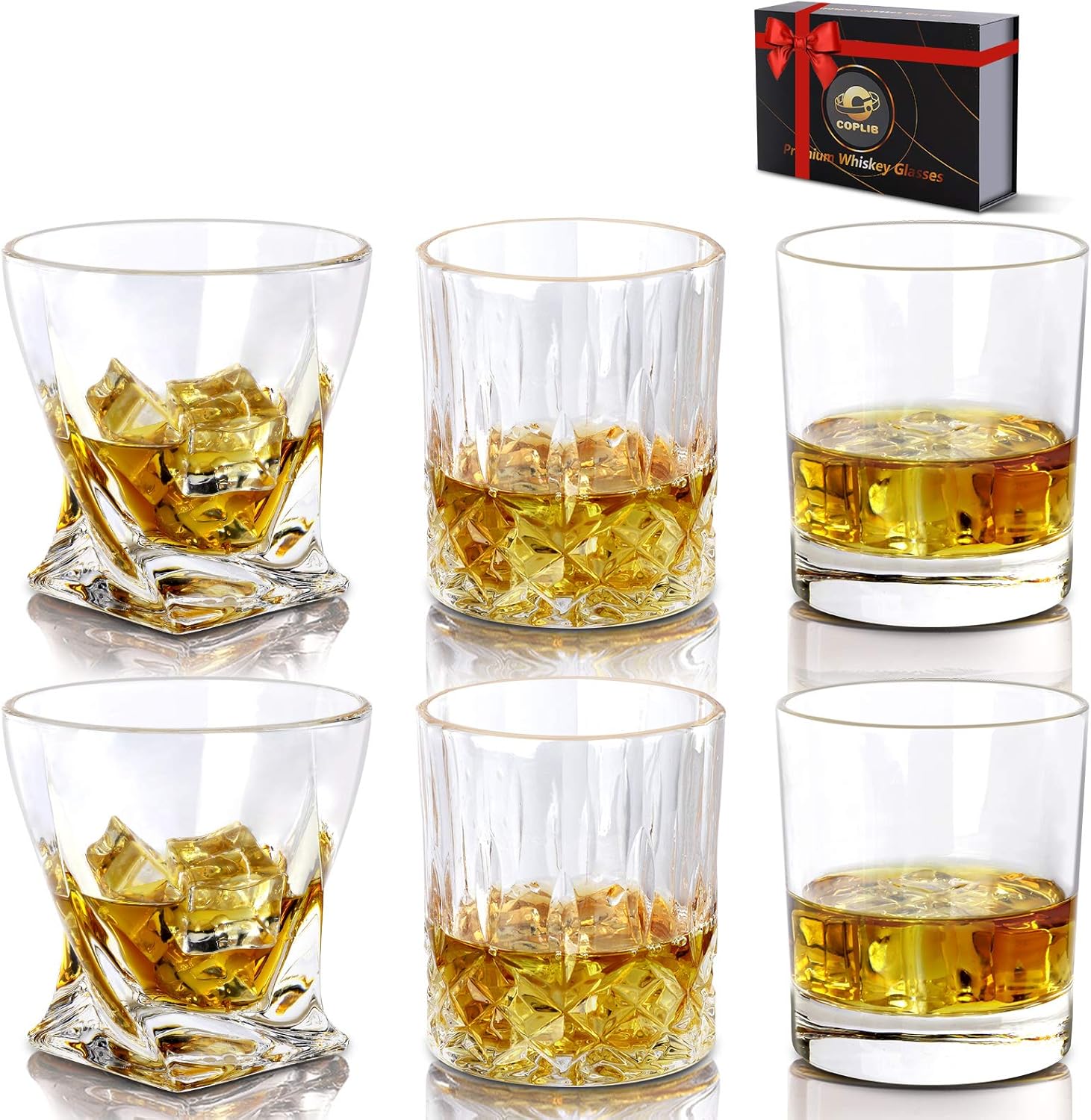 Whiskey Glasses-COPLIB 11 OZ Rocks Glasses With Luxury Box,Set of 6|3 styles Crystal Old Fashioned Whiskey Glasses |Perfect for Whiskey Lovers, Durable Glasses for Scotch, Bourbon, Cocktail
