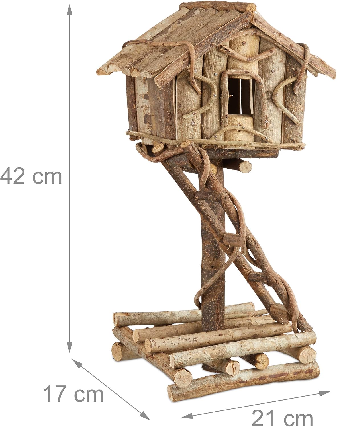 Relaxdays Freestanding Bird House, Untreated Decorative Bird Hotel on Stand, Handmade Nesting Box with Ladder, Natural - Image 5