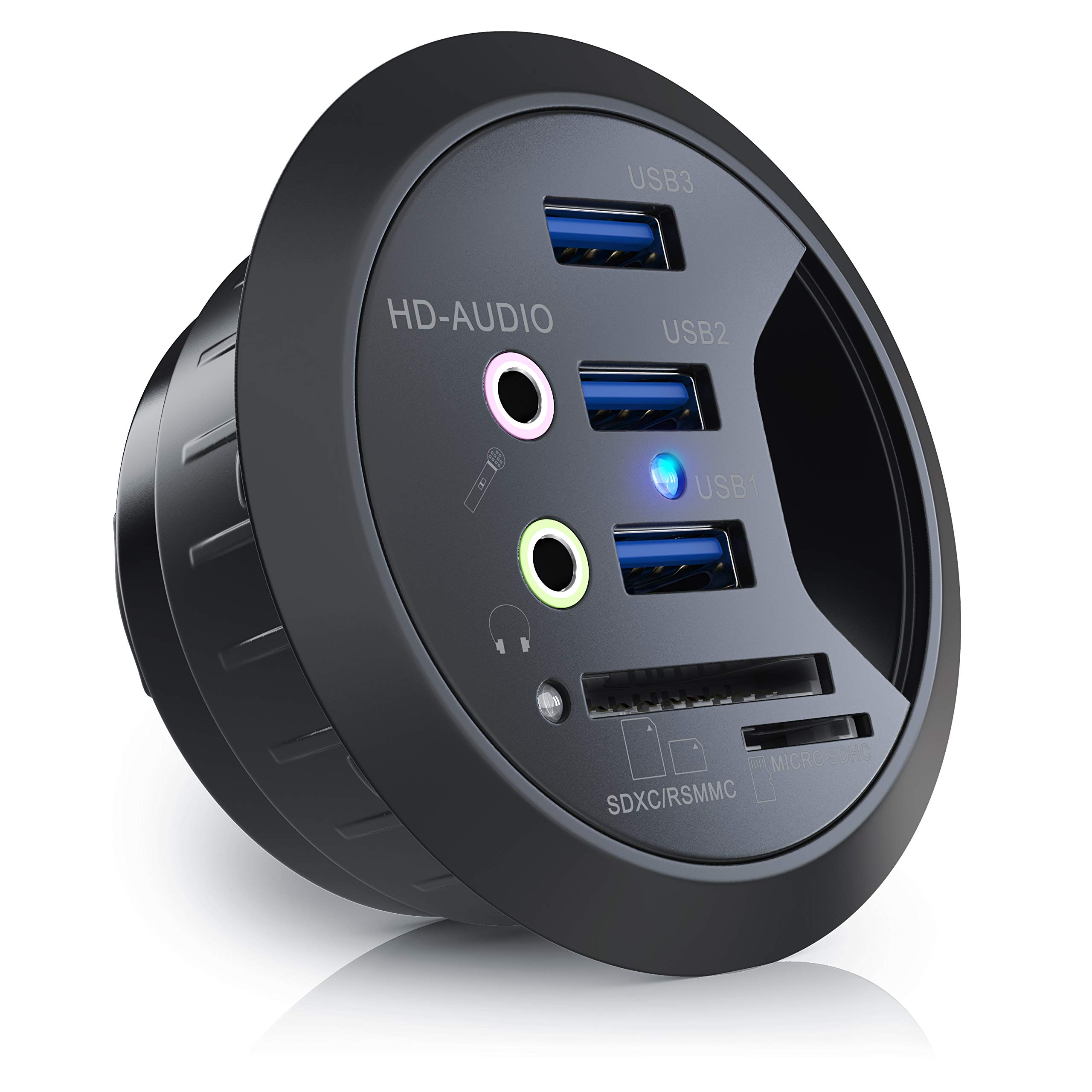 USB 3.0 in Desk Hub Desktop recessed Charger Built-in Desktop USB hub with Multiple Card Reader - 2X Audio Connector 3.5mm Jack Speaker and Microphone - 3X USB 3.0 1x microSD 1x SDXC RSMMC