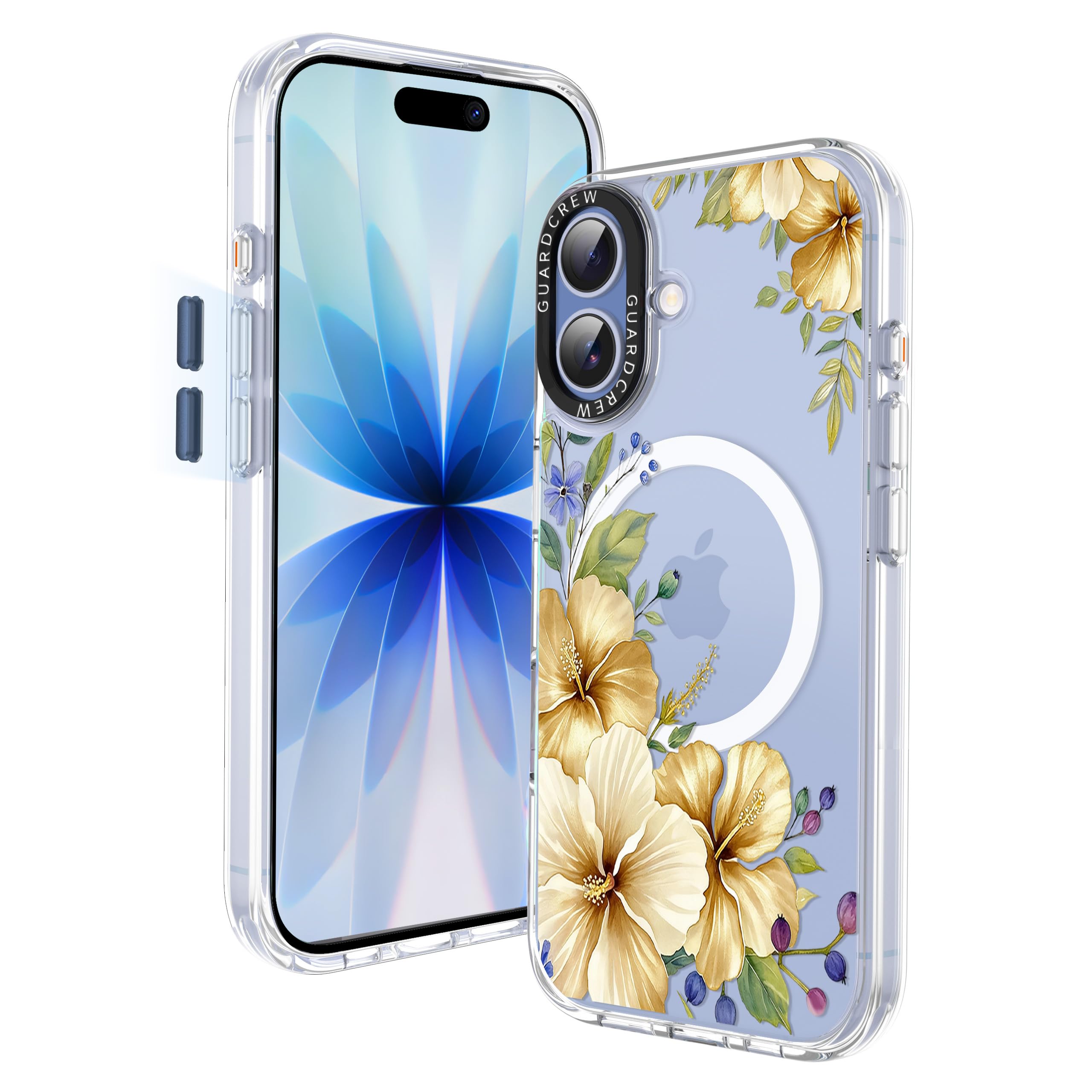 GuardCrew Magenetic for iPhone 17 Case,Compatible with Magsafe [Crashproof 11FT Military-Grade Drop Test] Shockproof Clear TPU Bumper Slim Phone Cover Case for iPhone 17-Gold Hibiscus
