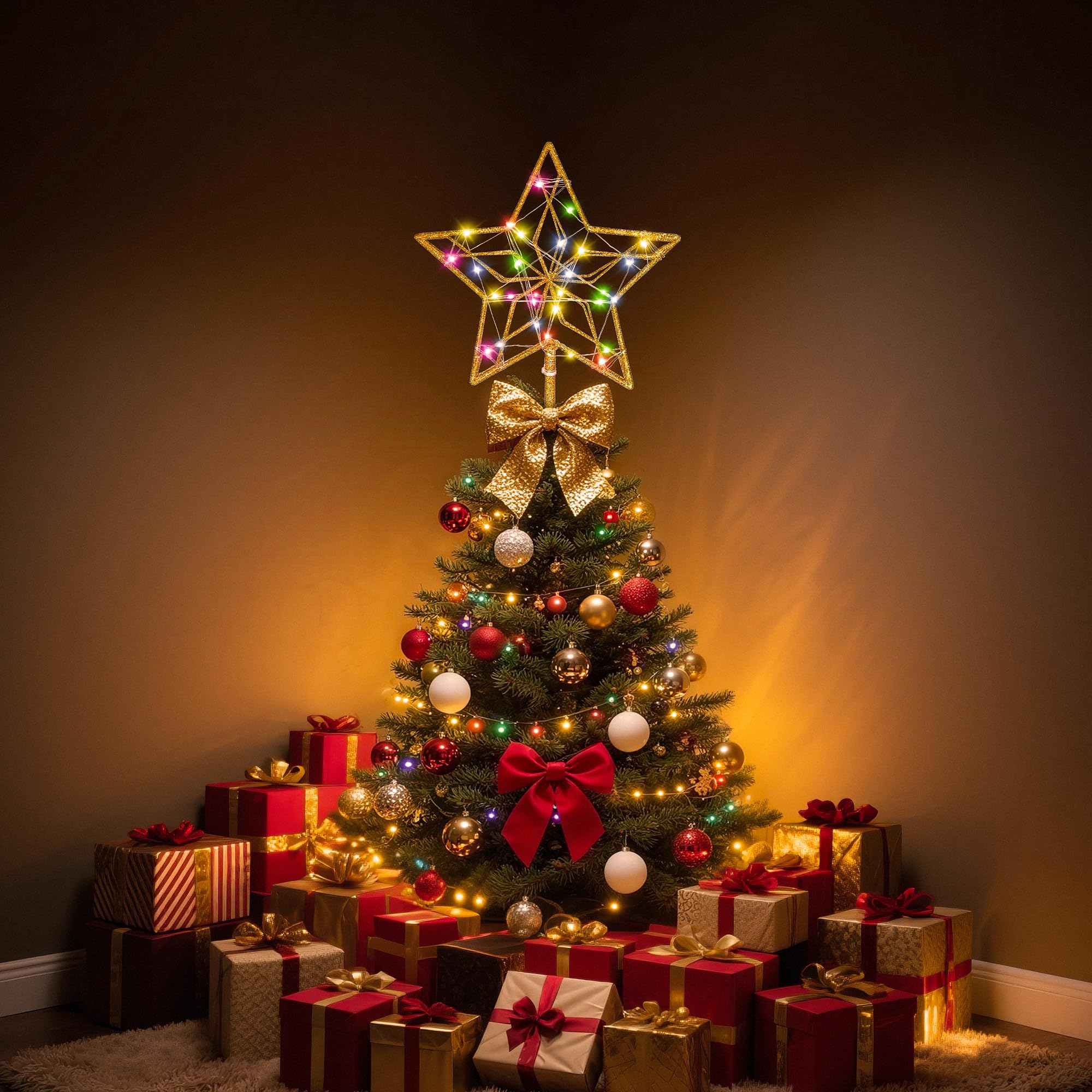 Photo 1 of Christmas Tree Topper,50 LED Lighted Sparkling Star Tree Toppers Christmas Decorations,8 Lighting Modes Gold Star Xmas Decorations with Remote Control and Extra Battery Box,Glitter Christmas Ornament