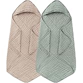 Synrroe 2 Pack Hooded Muslin Cotton Baby Towels (Green/Brown), 32 by 32 Inches, Ultra-Soft & Breathable for Baby Bath Time