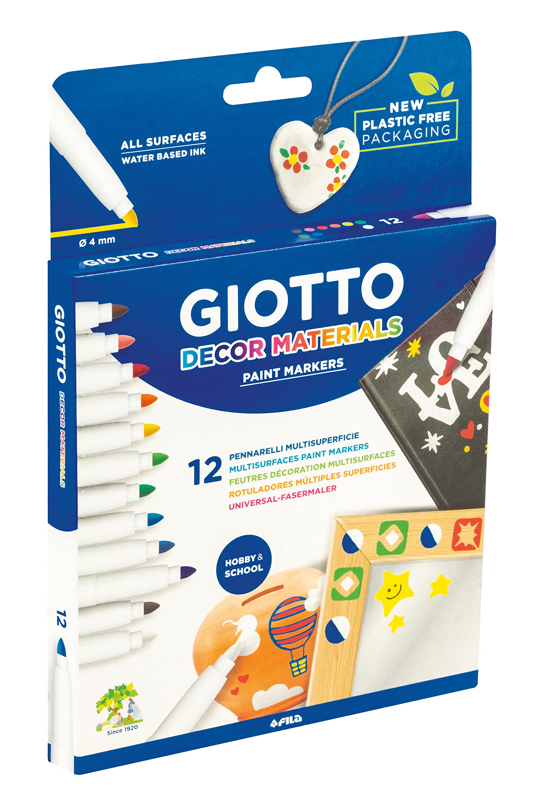 GIOTTO Decor Materials Multi-surfaces Paint Markers, Medium Tip - 4mm Nib, 12 x Assorted Colours, For Children, Parties and Schools