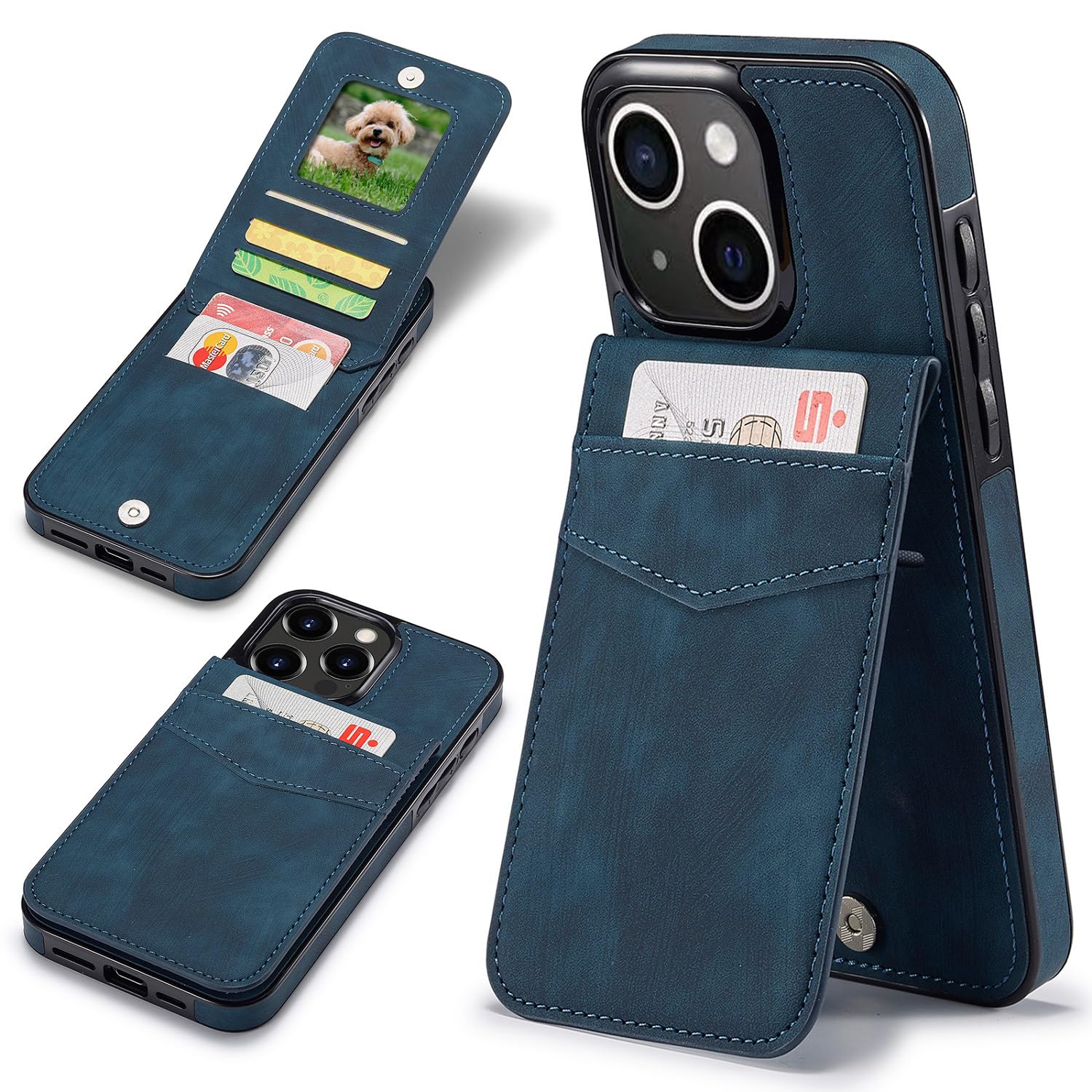 Sibada Multi-Function Leather Mobile Phone Case for iPhone 15 with Stand Function Card Slot Snap RFID Magnetic Closure Hold Leather Case for iPhone 15 (2023) 6.1 Inch - Navy Blue