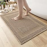 AMOAMI Waffle Bath-Mat, Absorbent Bath Mats for Bathroom Non Slip, Machine Washable Bathroom Rugs with Tassels Ultra Soft Boho Bath Rugs for Floor 17''x24'' Beige
