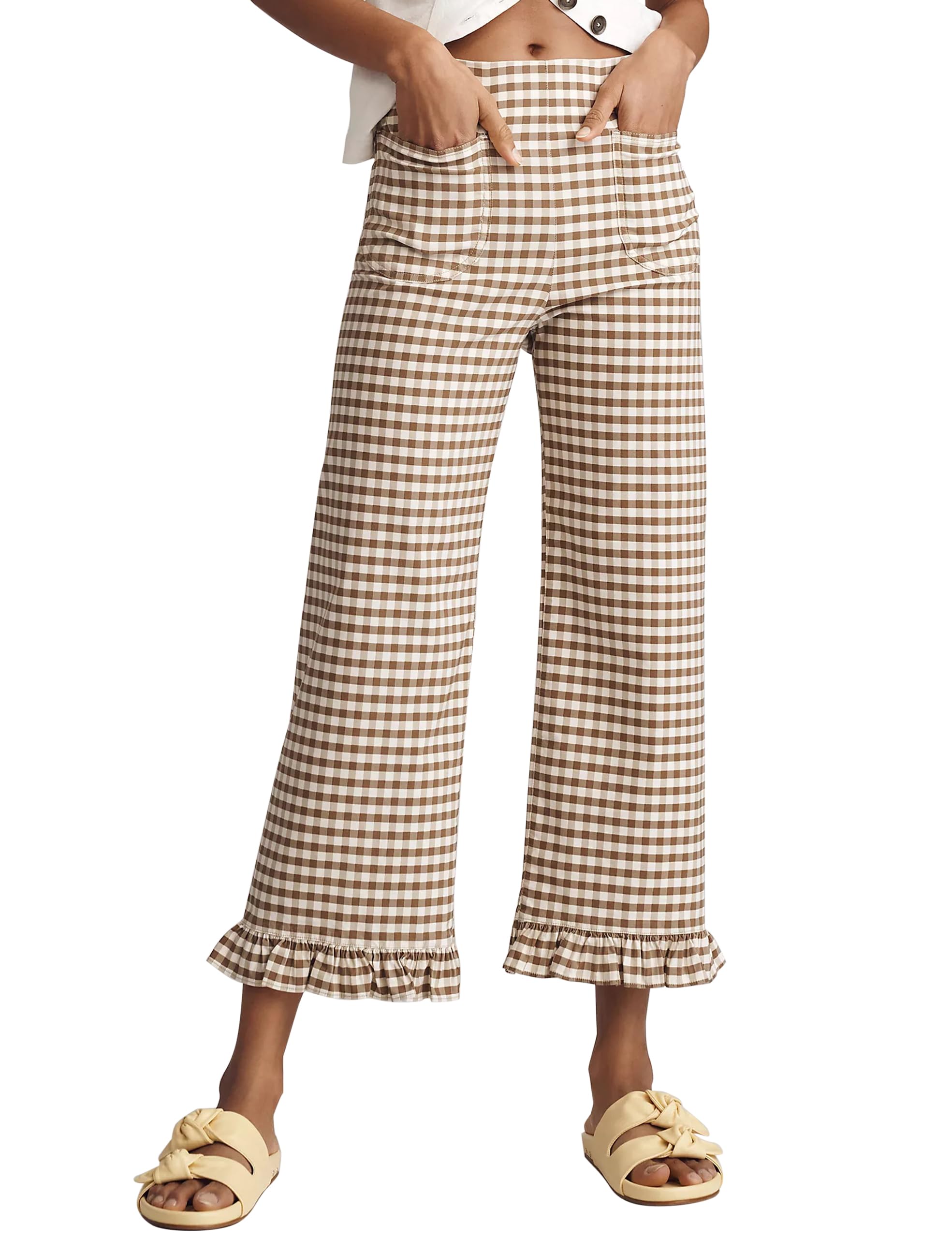 Photo 1 of ACCPUR Women's Plaid Flare Pants Summer Casual Gingham Elastic Waist Ruffle Cropped Hem Y2K Loose Fit Trousers with Pockets Coffee
