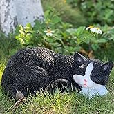 Cat Statue Outdoor Cat Figurines Garden Decor, Black Tabby Statue Figurine Decor Sculpture for Patio, Yard, Sleeping Tabby Statues for Indoor Table Accessory, Gift for Mom