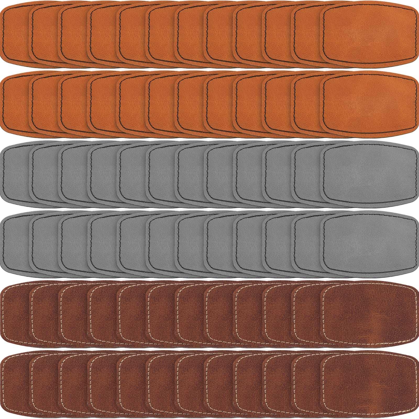 Photo 1 of Dunzy 60 Pcs Blank Leatherette Hat Patches with Adhesive Rustic Rounded Rectangle Patch Faux Leather Patches for Hats Costumes Fabric Repair Sew Laser Supplies (Khaki, Gray, Brown,2.5x3.5inch)