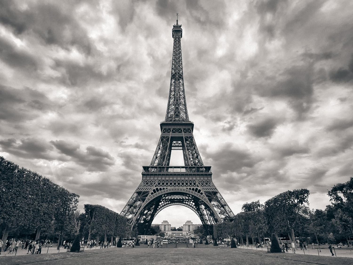EIFFEL TOWER WITH DRAMATIC SKY MONOCHROME BLACK AND WHITE A4 Size SATIN