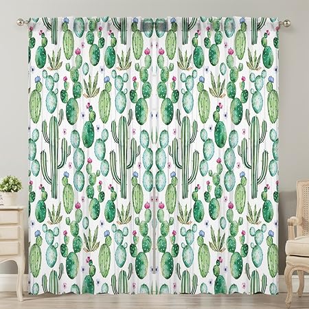 Moslion Window Curtain Green Cactus Plants Cartoon White Light